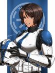  1girl 501st_legion armor armored_boots armored_gloves boots breasts brown_eyes brown_hair clone_trooper full_armor genderswap genderswap_(mtf) headwear_removed helmet helmet_removed holding holding_helmet short_hair signature smile solo star_wars star_wars:_the_clone_wars tan watermark zxpfer 