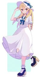  1girl alternate_costume blonde_hair blue_bow blue_sailor_collar blush bow breasts closed_mouth commentary_request dress drill_hair earrings fire_emblem fire_emblem_awakening gogatsu_(yeaholiday) hat highres jewelry long_hair looking_at_viewer maribelle_(fire_emblem) sailor_collar sailor_dress shoes short_sleeves smile socks solo standing standing_on_one_leg sun_hat white_dress white_socks 