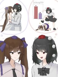  2girls alternate_costume bar_chart barefoot black_bow black_bowtie black_skirt bow bowtie bridal_veil bride brown_hair closed_eyes closed_mouth commentary_request dress elbow_gloves gloves graph groom hair_bow hat highres himekaidou_hatate imminent_kiss jacket kicking long_hair long_sleeves missing_wings mori_dobonua_(mordvna) multiple_girls open_mouth pointy_ears pom_pom_(clothes) purple_bow purple_hat purple_skirt red_eyes red_hat see-through_clothes see-through_veil shameimaru_aya shirt skirt smile speech_bubble strapless strapless_dress thought_bubble tokin_hat touhou twintails veil wedding_dress white_dress white_gloves white_jacket white_shirt wife_and_wife yuri 