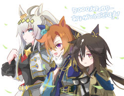  3girls ahoge animal_ears blue_eyes blue_jacket blush brooch brown_eyes brown_hair closed_mouth clothing_cutout coat commentary_request cropped_jacket diamond_brooch ear_covers ear_ornament epaulettes gloves goggles goggles_around_neck grey_hair grey_leotard hair_between_eyes hair_ornament hair_ribbon hairband hip_vent horse_ears horse_girl jacket japanese_clothes jewelry kimono leotard long_hair long_sleeves mokuroo multicolored_hair multiple_girls neckerchief official_alternate_costume oguri_cap_(cinderella_gray)_(umamusume) oguri_cap_(umamusume) open_mouth orange_hair overskirt parted_lips ponytail red_neckerchief ribbon shirt short_hair single_ear_cover smile star_brooch stay_gold_(sunlit_outsider)_(umamusume) stay_gold_(umamusume) t.m._opera_o_(new_year_same_radiance!)_(umamusume) t.m._opera_o_(umamusume) umamusume umamusume:_cinderella_gray violet_eyes white_gloves white_hair white_jacket white_shirt yellow_coat 