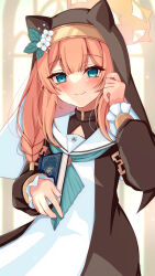  1girl absurdres animal_ear_headwear black_dress black_veil blue_archive blunt_bangs blurry blurry_background blush braid closed_mouth commentary cowboy_shot dress eyelashes flower frilled_sleeves frills hand_up hat hat_flower hat_ornament highres indoors kagurazaka_(zwyz7227) leaf_hat_ornament long_hair long_sleeves looking_at_viewer low-braided_long_hair low-tied_long_hair mari_(blue_archive) nun orange_hair puffy_long_sleeves puffy_sleeves sailor_collar sailor_dress school_uniform serafuku sidelocks smile solo trinity_general_school_logo two-tone_dress veil white_dress white_flower white_sailor_collar 