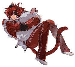  1boy alternate_costume animal_ears aotsuki_eito black_hair blue_eyes bone_hair_ornament cat_ears cat_tail character_doll chinese_commentary commentary_request doll full_body hair_ornament headphones headphones_for_animal_ears highres jacket jersey_maid kemonomimi_mode maid male_focus multicolored_hair open_mouth pants red_hair red_jacket red_pants short_hair simple_background solo streaked_hair stuffed_animal stuffed_rabbit stuffed_toy sumino_takumi syuu_1125 tail the_hundred_line_-last_defense_academy- two-tone_hair unconventional_maid white_background 