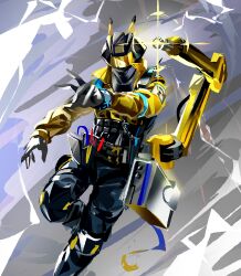  1boy absurdres arknights black_pants commentary_request facing_viewer feimao_(angelcat) giraffe_boy giraffe_horns gloves grey_gloves helmet highres horns infection_monitor_(arknights) male_focus mechanist_(arknights) one-hour_drawing_challenge pants yellow_gloves 