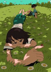  1boy 1girl absurdres aqua_shirt aqua_shorts barefoot black_eyes black_hair blue_shirt blue_sky bug clouds commentary_request day flower grass highres ladybug lying nyr50ml on_ground on_stomach original outdoors shade shadow shirt short_hair short_sleeves shorts skirt sky white_flower white_shirt 