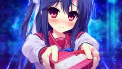  1girl blue_bow blue_bowtie blue_hair blush bow bowtie box closed_mouth game_asset gift gift_box hair_ribbon hinata_nao holding holding_gift hoshimi_asuka incoming_gift jacket juliet_sleeves long_hair long_sleeves looking_at_viewer night non-web_source nose_blush official_art one_side_up outdoors puffy_sleeves red_eyes red_sailor_collar ribbon sailor_collar school school_uniform skirt sleeve_cuffs standing white_jacket yuuwaku_scramble 