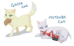 animalization ascot cat commentary_request goha_yuuna green_eyes grey_fur mutsuba_asaka mutsuba_asana red_ascot simple_background violet_eyes white_background yellow_fur yu-gi-oh! yu-gi-oh!_go_rush!! yu-gi-oh!_sevens yuoh_goha yuzutaroman 
