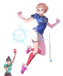  2026_fifa_world_cup 2girls apex_legends aqua_shirt black_shorts blowing_whistle blue_eyes blue_shirt blush breasts bright_pupils card character_name cleats commentary copyright_name country_connection dated electricity english_commentary floating_hair french_national_soccer_team_uniform holding holding_card joong_beak looking_down medium_breasts multiple_girls nike_(company) pink_shoes red_socks referee scar scar_on_cheek scar_on_face scar_on_neck shirt shoes short_hair shorts soccer_uniform socks sportswear twitter_username v-shaped_eyebrows wattson_(apex_legends) white_background white_pupils white_shirt world_cup wraith_(apex_legends) wristband 