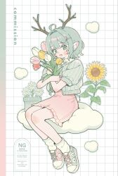  1girl ahoge animal_ear_fluff animal_ears antlers asymmetrical_footwear blush bouquet cardigan clouds collared_shirt commentary commission daisy_(flower) deer_antlers deer_ears deer_girl deer_tail flower frilled_skirt frills full_body green_cardigan grey_outline grey_shoes hair_intakes hair_ornament hairclip highres holding holding_bouquet horns mismatched_footwear moi03_moi08 on_cloud open_mouth original outline pink_flower pink_shoes pink_skirt pink_tulip red_flower red_tulip ribbed_cardigan shirt shoes short_hair short_sleeves sitting skeb_commission skirt smile sneakers socks solo sunflower tail tulip watermark white_flower white_shirt white_socks white_tulip yellow_flower yellow_tulip 