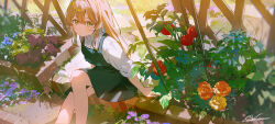  1girl ashima_(roro046) black_dress blonde_hair blush breasts brick brown_hair buttons closed_mouth dappled_sunlight day dress english_commentary flower garden green_eyes highres long_hair looking_at_viewer original outdoors pinafore_dress plant shirt signature sitting sleeveless sleeveless_dress small_breasts sunlight tomato white_shirt 