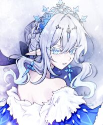  1girl anastasya_feodorovna_snezhnaya aristocratic_clothes artist_name bare_shoulders bludblegum blue_eyes blue_gem blue_robe blue_tiara braid braided_base bright_pupils bun_with_braided_base colored_eyelashes cross-shaped_pupils crystal_earrings earrings from_behind fur-trimmed_robe fur_trim gem genshin_impact grey_hair grey_lips hair_between_eyes hair_bun highres jewelry long_eyelashes long_sidelocks looking_at_viewer looking_back off_shoulder parted_lips pointy_ears robe royal_robe short_hair short_hair_with_long_locks sidelocks solo symbol-shaped_pupils white_background white_eyelashes white_pupils 