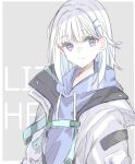  1girl blue_hair blue_hoodie hair_ornament hairclip highres hood hoodie issei_(g_issei01) jacket jacket_over_hoodie lize_helesta long_hair multicolored_hair nijisanji open_clothes open_jacket smile solo violet_eyes virtual_youtuber white_hair white_jacket 