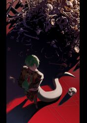  absurdres black_border black_jacket black_pants black_shoes bone border chinese_clothes commentary crossed_arms dreonya ensemble_stars! flats foreshortening from_above glasses green_hair hasumi_keito highres holding holding_smoking_pipe jacket letterboxed long_sleeves male_focus mandarin_collar no_eyes official_alternate_costume pankou pants parted_bangs parted_hair pile_of_skeletons round_eyewear shadow shoes short_hair smoking_pipe snake_tail solo tail tile_floor tiles untranslatable_commentary wide_shot 