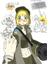  1boy 1other 2girls abs blonde_hair blush brown_coat coat crying embarrassed glasses holding holding_rocket_launcher holding_weapon interlocked_fingers javelin lera_(sighttobehold) marichka multiple_girls navel non-web_source original pov rocket_launcher russo-ukrainian_war sharp_teeth sighttobehold simple_background streaming_tears tears teeth telegram_username ukrainian_flag unlit_cigarette_in_mouth weapon 