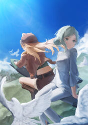  2girls animal_ear_headwear bird blonde_hair blue_eyes blue_sky boots broom broom_riding brown_boots brown_hat brown_jacket brown_shorts commentary day duck021530_(origogi1234) grey_eyes grey_hair hair_bun hat highres jacket lilya_(reverse:1999) long_hair looking_back mechanical_broom mountain multiple_girls multiple_riders outdoors pants reverse:1999 shirt short_hair shorts sidesaddle single_side_bun sky vertin_(reverse:1999) white_bird white_pants white_shirt 
