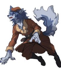  1boy brown_hat brown_jacket brown_pants claws commentary_request fangs fate/grand_order fate_(series) furry furry_male grey_fur grey_hair hat highres jacket looking_to_the_side male_focus open_mouth pants patxi_(fate) tapioka_chaso white_background 