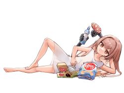  bag_of_chips bottle brown_hair candy chips_(food) commentary extra_arms food goddess_of_victory:_nikke highres holding holding_bottle holding_candy holding_food holding_lollipop hospital_gown li_han lollipop long_hair only_one_(nikke) open_mouth potato_chips ramune red_eyes simple_background snack soda_bottle swirl_lollipop symbol-shaped_pupils very_long_hair white_background white_gown 