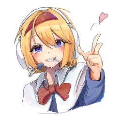  1girl alice_margatroid blonde_hair blue_dress blue_eyes blush bow bowtie capelet cigarette collared_capelet commentary cookie_(touhou) dress grin hairband headset heart highres long_sleeves looking_at_viewer red_bow red_bowtie red_hairband rikoyakumo sharp_teeth short_hair simple_background smile smoking solo taisa_(cookie) teeth touhou upper_body w white_background white_capelet 