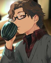  1boy brown_eyes brown_hair closed_mouth commentary_request cup dress_shirt drinking glasses grey_sweater hiraga_keisuke holding holding_cup isa_(peien516) looking_at_viewer male_focus persona persona_3 red_shirt shirt solo sweater turtleneck turtleneck_shirt undershirt upper_body 