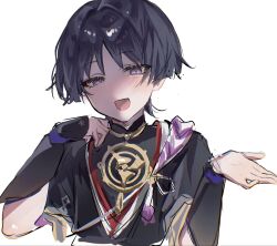  1boy armor black_bodysuit black_hair black_kimono black_sleeves blunt_ends bodysuit choppy_bangs commentary_request eyelashes eyeliner genshin_impact goheemochi gold gold_trim grey_sleeves hair_intakes hands_up highres japanese_armor japanese_clothes jewelry juban kimono kote kurokote layered_sleeves makeup male_focus mandarin_collar mitsudomoe_(shape) neck_ring open_clothes open_hand open_kimono open_mouth portrait purple_rope red_eyeliner red_kimono rope scaramouche_(genshin_impact) shimenawa short_sleeves sketch solo tassel tomoe_(symbol) tsurime uneven_eyes violet_eyes white_background white_kimono white_rope 