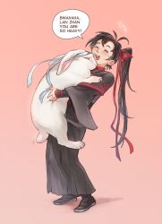  +++ 1boy :d ^_^ animal animal_hug animalization antenna_hair black_boots black_hair black_hanfu blush boots chinese_clothes closed_eyes commentary english_commentary english_text full_body grandmaster_of_demonic_cultivation hair_ribbon hanfu highres holding holding_animal holding_rabbit hug implied_yaoi lan_wangji laughing long_hair long_sleeves lunnita_valdez male_focus open_mouth pink_background ponytail rabbit red_ribbon ribbon robe simple_background smile solo speech_bubble standing wei_wuxian white_rabbit_(animal) white_ribbon wide_sleeves 