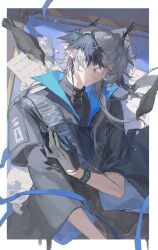  1boy absurdres animal arknights bird black_bird black_gloves black_horns black_wings blue_ribbon closed_mouth commentary_request crow crumpled_paper earrings expressionless feathered_wings flower gloves grey_hair hair_half_over_shoulder head_wings highres holding holding_wand horns jacket jewelry logos_(arknights) long_hair long_sleeves looking_at_viewer male_focus one_eye_covered paper picture_frame pointy_ears red_eyes ribbon scattered_paper sidelocks slit_pupils smusmuye solo wand white_flower wide_sleeves wings wings_over_eyes 