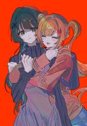  2girls backpack bag bang_dream! bang_dream!_yumemita black_bag black_shirt blush cat_hair_ornament closed_eyes commentary_request dress green_eyes grey_dress hair_ornament hairclip highres hug hug_from_behind korean_commentary long_sleeves mole mole_under_mouth multiple_girls nakamachi_arale open_mouth pinafore_dress red_background red_shirt sanya_(hwanmul) shirt sleeveless sleeveless_dress twintails viola_(bang_dream!) 