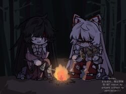  2girls bamboo bamboo_forest bamboo_shoot black_hair blood blood_on_clothes bonfire bow bowtie branch brown_sandals collared_shirt commentary forest fujiwara_no_mokou geta grey_hair hair_bow highres holding holding_skewer houraisan_kaguya long_hair long_skirt long_sleeves multiple_girls multiple_hair_bows nature night ofuda ofuda_on_clothes outdoors pants pink_shirt prmkq red_pants red_shoes red_skirt sandals shirt shoes sitting skewer skirt suspenders torn_clothes torn_shirt touhou twitter_username very_long_hair watermark white_bow white_bowtie white_shirt wide_sleeves 