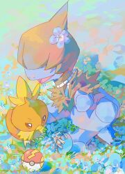  beak bird deino_(pokemon) fast_ball field flower flower_field highres lying no_humans on_back outdoors poke_ball pokemon pokemon_(creature) pokemon_focus seta629211 torchic 