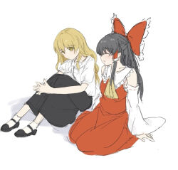  2girls ascot black_shoes black_skirt blonde_hair bow braid brown_hair chinese_commentary closed_eyes closed_mouth commentary_request detached_sleeves frilled_bow frilled_hair_tubes frills hair_bow hair_tubes hakurei_reimu kirisame_marisa long_hair missing_headwear mixed-language_commentary multiple_girls own_hands_clasped own_hands_together red_bow red_skirt rescc_(089) shirt shoes side_braid simple_background single_braid sitting sketch skirt skirt_set smile socks touhou white_background white_bow white_shirt white_socks yellow_ascot yellow_eyes 