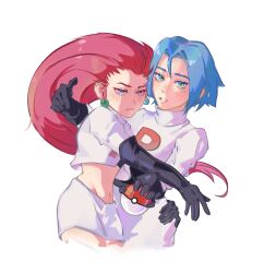  1boy 1girl 6955183853 absurdres black_gloves blue_hair boots crop_top earrings elbow_gloves gloves hair_slicked_back highres holding holding_poke_ball james_(pokemon) jessie_(pokemon) jewelry logo poke_ball pokemon pokemon_(anime) pokemon_(classic_anime) red_hair sad tears white_background 