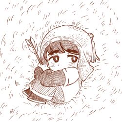  arrow_(projectile) chibi commentary_request curled_up grass guyuk_(tenmaku_no_jaadugar) hat holding holding_arrow klp looking_at_viewer monochrome shoes tenmaku_no_jaadugar 