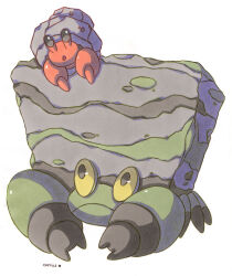  alternate_color colored_skin crustle dwebble evolutionary_line hermit_crab highres no_humans open_mouth orange_skin ouarmy pokemon pokemon_(creature) rock shell shiny_pokemon simple_background white_background 