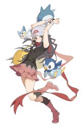  1girl absurdres armpits arms_up bag beanie black_shirt black_socks boots chinese_commentary commentary_request duffel_bag full_body green_eyes grey_hair hat highres hikari_(pokemon) holding holding_poke_ball kneehighs long_hair looking_at_viewer pachirisu parted_lips pink_boots pink_skirt piplup poke_ball pokemon pokemon_(creature) pokemon_diamond/pearl/platinum shirt simple_background skirt sleeveless sleeveless_shirt socks sweatband white_background white_hat xue_ezi 