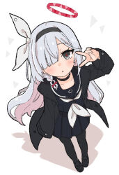  1girl arm_up black_choker black_hairband black_pantyhose black_serafuku black_shoes black_skirt blue_archive blush choker colored_inner_hair commentary_request from_above full_body grey_eyes hairband halo highres jacket long_hair long_sleeves looking_at_viewer looking_up loveitrabbit623 multicolored_hair open_clothes open_jacket pantyhose parted_lips plana_(blue_archive) pleated_skirt red_halo school_uniform serafuku shoes simple_background skirt solo standing v white_background white_hair 