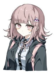  1girl black_shirt blush brown_hair collared_shirt commentary_request cropped_torso danganronpa_(series) danganronpa_2:_goodbye_despair dress_shirt flipped_hair highres jacket long_sleeves medium_hair nanami_chiaki neck_ribbon open_clothes open_jacket pink_eyes pink_ribbon ribbon shirt simple_background solo tumi95i two-tone_shirt white_background white_shirt 