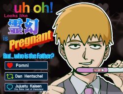  1boy black_background black_eyes blonde_hair collared_shirt commentary english_text grey_jacket grin heart highres holding holding_pregnancy_test implied_male_pregnancy jacket like_and_retweet looking_at_viewer male_focus mixed-language_text mob_psycho_100 portrait pregnancy_test reigen_arataka shirt short_hair smile smirk smug solo translated white_shirt wordart xylobayo 