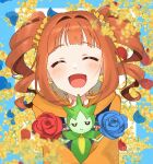  1girl ^_^ blue_flower blue_overalls blue_rose blunt_bangs blush closed_eyes drill_hair falling_petals floral_background flower hair_intakes highres hood hoodie idolmaster idolmaster_(classic) idolmaster_million_live! lvetica orange_hair orange_hoodie overalls petals pokemon pokemon_(creature) red_flower red_rose rose roselia_(pokemon) smile takatsuki_yayoi twintails upper_body 