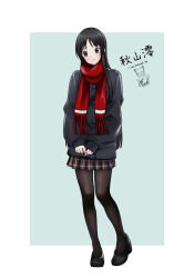  1girl akiyama_mio black_coat black_eyes black_hair black_pantyhose black_shoes black_skirt blue_background border character_name closed_mouth coat commentary english_commentary full_body high_heels highres k-on! long_hair long_sleeves looking_to_the_side own_hands_together pantyhose plaid_clothes plaid_skirt pleated_skirt red_scarf scarf shoes simple_background skirt sleeves_past_wrists solo taqi99 watermark white_border 