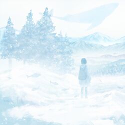  1girl air_bubble ankle_boots backpack bag black_boots black_hair black_pantyhose blue_bag blue_coat boots bubble coat commentary_request day facing_away fish flying_fish flying_whale from_behind gensuke_(ryun) highres hood hood_down hooded_coat long_sleeves mountain original outdoors overcast pantyhose pine_tree scenery short_hair sky snow solo standing surreal tree valley whale white_sky wide_shot winter 