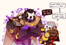  2boys commentary crossed_arms english_commentary eweeppy facing_another facing_away googly_eyes highres male_focus multiple_boys omnic overwatch ramattra_(overwatch) robot robot_boy speech_bubble upper_body white_background zenyatta_(overwatch) 