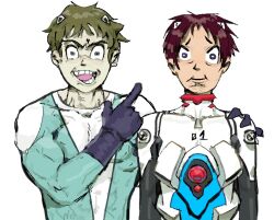  2boys animation_domination_high_def banoasdc blue_gloves brown_hair closed_mouth colored_skin english_commentary gloves green_eyes green_hair green_skin hand_on_another's_shoulder ikari_shinji in-franchise_crossover male_focus mecha_pilot_suit multiple_boys muscular muscular_male neon_genesis_evangelion open_mouth parody plugsuit_(evangelion) pointing pointing_at_another portrait pov short_hair shy standing white_background 