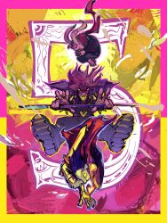  1boy 1girl 1other axe cape clenched_teeth colored_extremities commentary deltarune ecnallav english_commentary falling highres kris_(deltarune) praying ralsei reptile_girl scarf soul_(utdr) susie_(deltarune) sword teeth utdr_(toby_fox) weapon wide-eyed 