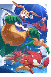  2girls 3boys 3girls 4boys 5boys absurdres animal_ears aquaman_(dc) big_the_cat blonde_hair blue_bodysuit blue_sky bodysuit border brown_eyes clouds comic_cover commentary cover cover_page cream_the_rabbit crossover dc_comics dc_x_sonic_the_hedgehog digimin english_commentary facial_hair flying furry furry_female furry_male gloves green_eyes green_gloves highres multiple_boys multiple_girls mustache ocean official_art open_mouth outdoors pointing pointing_forward rabbit_ears red_bodysuit running sky smile sonic_(series) sonic_the_hedgehog supergirl superhero_costume swimming the_flash water watercraft white_border white_gloves wings 