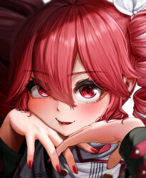  1girl absurdres blush commentary_request drill_hair grey_jacket hair_ribbon head_rest highres hirotsuki jacket kasane_teto kasane_teto_(sv) looking_at_viewer open_mouth portrait red_eyes red_hair ribbon smile solo synthesizer_v twin_drills utau white_ribbon 