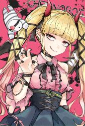  1girl bare_shoulders black_choker black_ribbon black_skirt blonde_hair bracelet chernobog_(monster_strike) choker demon_horns demon_wings eyelashes gradient_hair hair_ornament hair_ribbon high-waist_skirt highres horns jewelry jirai_kei makeup monster_strike multicolored_hair pink_background pink_hair ribbon skirt solo standing takoko_rekan tehepero tongue two-tone_hair wings 