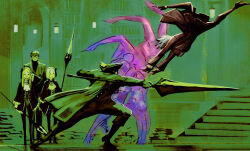  2boys 3girls absurdres angela_(project_moon) attack backflip black_skirt blue_hair dodging glasses hat high_heels highres holding holding_polearm holding_weapon lance library_of_ruina multiple_boys multiple_girls oscar_(project_moon) pamela_(project_moon) pameli_(project_moon) philip_(project_moon) polearm project_moon sandevistan skirt stairs the_g_(bhu204) weapon 