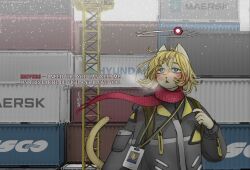  1girl animal_ears bag blonde_hair blue_eyes blush cat_ears cat_girl clouds cloudy_sky crane_(machine) english_text furry furry_female green_bag grey_jacket grey_sky hair_between_eyes hand_up jacket kmnsaur knit_scarf lanyard long_sleeves looking_up medium_hair original outdoors parted_lips red_scarf scarf shipping_container sky snout snowing solo steam_from_mouth telegram_username upper_body video_game_dialogue_box yellow_tail 