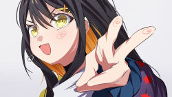  1girl bang_dream! bang_dream!_our_notes black_hair colored_inner_hair commentary ear_piercing earrings fang highres jewelry logo multicolored_hair open_mouth orange_hair peke_(pekeiscat) piercing portrait solo suga_raika untranslatable_commentary v yellow_eyes 