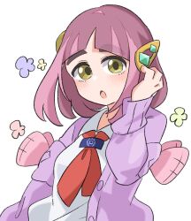  1girl :o arched_bangs buttons cardigan collared_shirt commentary_request hair_ornament hairclip hand_up highres lacey_(pokemon) long_sleeves medium_hair open_cardigan open_clothes open_mouth pokemon pokemon_scarlet_and_violet purple_cardigan purple_hair ryokukoucha shirt simple_background solo upper_body white_background white_shirt yellow_eyes 