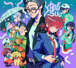  2boys 6+girls :d apron black_hair black_jacket bow choker cigarette commentary_request copyright_name cosplay costume_switch dog ear_piercing earrings everyone flower glasses gotou_(super_no_ura_de_yani_suu_futari) gradient_background hair_between_eyes hair_bow hair_bun hair_over_eyes hand_on_own_chin hand_on_own_hip hat headscarf holding holding_umbrella jacket jewelry kami_(super_no_ura_de_yani_suu_futari) maezawa_(super_no_ura_de_yani_suu_futari) multiple_boys multiple_girls necktie nishizono_(super_no_ura_de_yani_suu_futari) no obata_(super_no_ura_de_yani_suu_futari) official_art oono_(super_no_ura_de_yani_suu_futari) open_clothes open_jacket open_mouth piercing plant promotional_art red_apron red_eyes red_hair sasaki_(super_no_ura_de_yani_suu_futari) short_hair skirt smile smoke smoking star_(sky) store_clerk super_no_ura_de_yani_suu_futari take_(takegarou) tayama_(super_no_ura_de_yani_suu_futari) two-tone_background umbrella under_umbrella yellow_skirt 